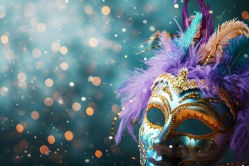 A dazzling masquerade mask lying amidst a shower of confetti