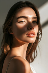 Naklejka premium Portrait of young beautiful woman with sunlight shadow. Girl posing in the studio. Fashion model. 
