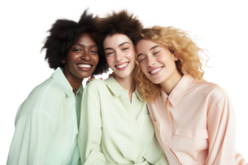 Three joyful women in pastel shirts, celebrating diversity and friendship agains transparent background