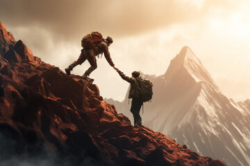 Helping Hand: A Hiker Assisting Friend to Reach Mountain Peak - obrazy, fototapety, plakaty
