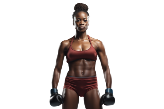Determined female boxer with gloves, fitness attire agains transparent background - Powered by Adobe
