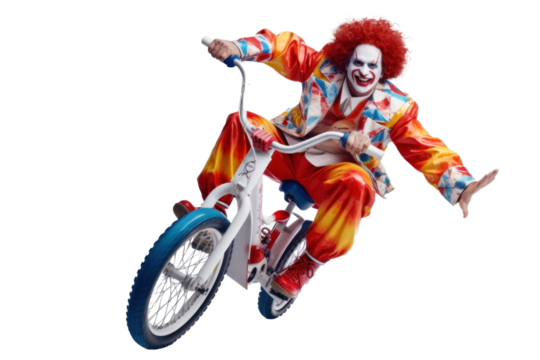 Clown performing tricks on a small bicycle agains transparent background