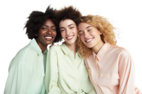 Three joyful women in pastel shirts, celebrating diversity and friendship agains transparent background