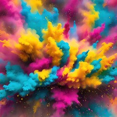 Fototapeta na wymiar Multicolored dust powder paint explosion backdrop, abstract illustration, Holi, Hindu festival of colors