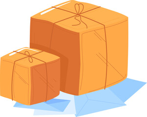 Two orange parcels tied with string on a pale blue floor. Delivery packages with secure binding vector illustration.