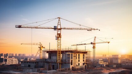 Fototapeta na wymiar House construction process crane and building site with blue sky background