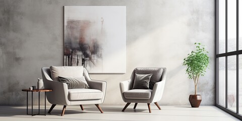Vertical photo of contemporary living room with pillows on leather armchair, concrete floor, and painting on white wall