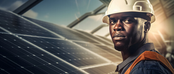 Close-up of an African American man working on a solar panel proud of his contribution to society. - obrazy, fototapety, plakaty