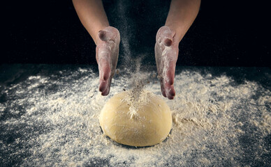 Chef sprinkles white wheat flour on fresh dough on a dark background. Food concept.