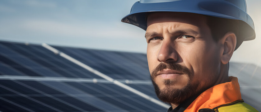 closeup of a man working on a solar panel proud of his contribution to society