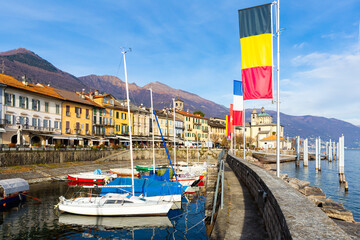 Cannobio old town port at Lago Maggiore lake near Switzerland in Piemonte, Italy - obrazy, fototapety, plakaty