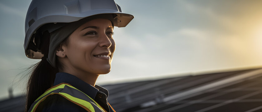 A close-up shot of a woman beaming with pride while she works on a solar panel, contributing to society.
