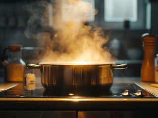 Close up of a large pot on top of a lit ceramic hob. Cooking at home.
