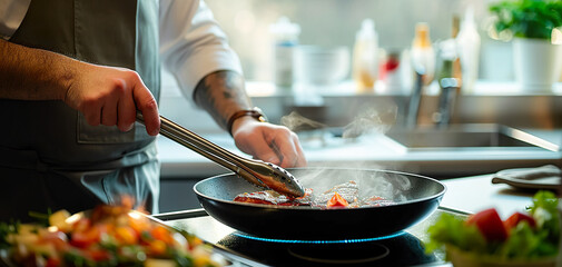 Hand of a gastronomic chef with tongs turning a piece of meat cooking in a pan on top of a ceramic hob with touch control.