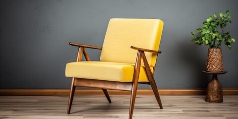 Restored armchair from the 1960s, with yellow upholstery, Czechoslovakian design, for interior decoration.