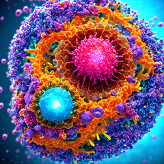 A colorful combination of cells, tissue, and technology, a futuristic representation. Technology, Science, Biomedicine concept.