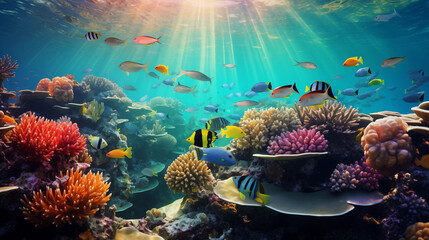 Coral reef with fish and coral - obrazy, fototapety, plakaty