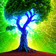Computer circuit board and tree unite in an combination of electrical signals and soil. Technology, nature, energy concept.