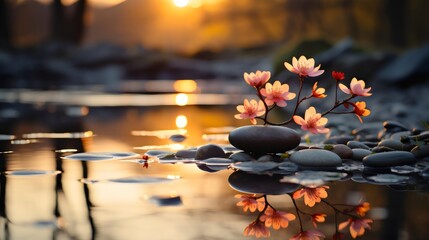 Serene Pond With Rocks and Flowers, A Mindful Oasis for Relaxation and Balance