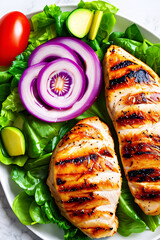 Delicious meal of grilled chicken breast and fresh vegetable salad. Savory flavors, health conscious, low-calorie concept.
