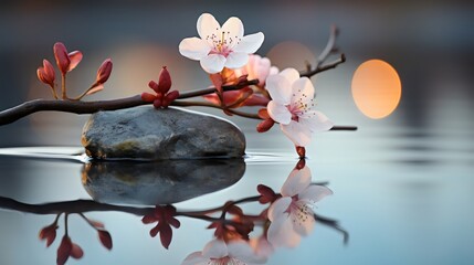 Rock and Flowers on Serene Water, A Peaceful Image for Mindfulness, Meditation, and Relaxation