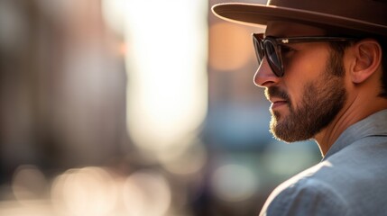 Detail shot of a trendy fedora hat and statement sunglasses on a stylish passerby, adding a touch of urban chic to the street. - obrazy, fototapety, plakaty