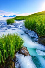 Flowing water, melting snow, and bright sunrays on grass - Transition, growth, and life concept. - obrazy, fototapety, plakaty