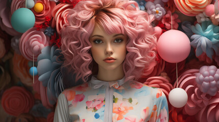 Fototapeta premium A girl with pink hair standing in front of a wall of colorful balloons