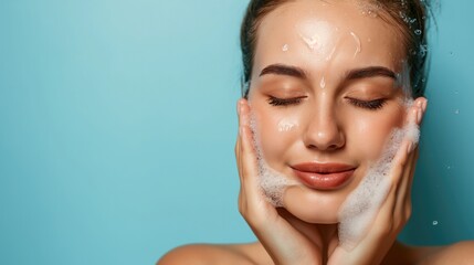 Portrait of a young beautiful woman wash her face with cleansing face foam. Skincare spa relax concept.