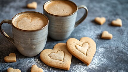 Heart-shaped cookies and two cups of coffee with hearts drawn on the foam. - obrazy, fototapety, plakaty