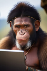 Ape-like figure using laptop, showing the clash of ancient and modern technology. Primitive past, digital present, evolution concept.