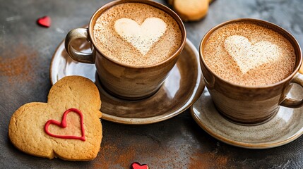 Heart-shaped cookies and two cups of coffee with hearts drawn on the foam.