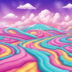 A landscape of soft, sugary colors, with whimsical shapes and clouds of candy. A pastoral vision of a fantasy world, sweet and inviting. Magical, dreamy, playful concept.