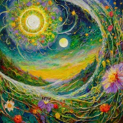 Image of Abstract painting, spiritual, landscape, moon and sun intertwined, pastel colours,  flowers, vines, sunset sky printed on Printed Glass Splashbacks