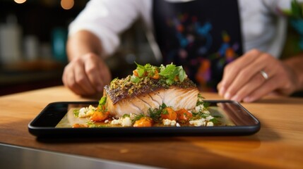 Closeup of a perfectly seared fillet of fish being plated by a celebrity chef during an interactive online cooking demonstration.