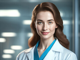 Fototapeta premium Positive female doctor in the laboratory. Care, science, female concept.
