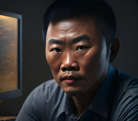 Portrait of asian middle aged hacker man in front of glowing screens. Creativity, innovation, collaboration concept.