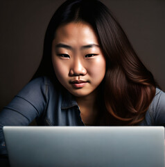 Asian teenage girl working on laptop, studying, responsibility concept.
