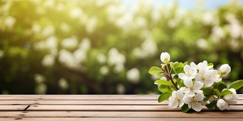 White apple garden with blossoms on a wooden table, against a spring backdrop.