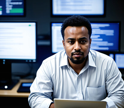 Black middle aged data analyst man on background of computer screens. Success, technology, future concept.