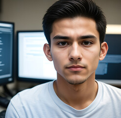 Portrait of hispanic hacker man in front of glowing screens. Creativity, innovation, collaboration concept.