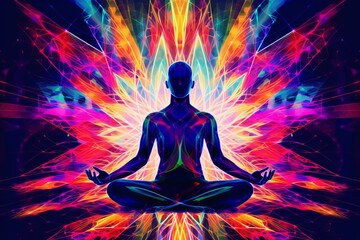 Neon silhouette in a meditation pose with radiating colored energy chakras against the background of an abstract cosmic landscape, Concept: spirituality and harmony of the inner world
