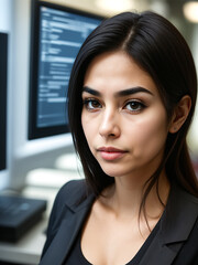 Creative hispanic middle aged software developer woman in a room of glowing screens. Creativity, programming, coding concept.