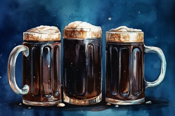 Watercolor drawing of dark beer mugs against a blue background. Generative AI - obrazy, fototapety, plakaty