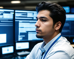 Portrait of hispanic hacker man in front of glowing screens. Creativity, innovation, collaboration concept.