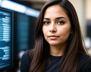 Hispanic middle aged software engineer woman surrounded by computers. Efficiency, development, optimization concept.