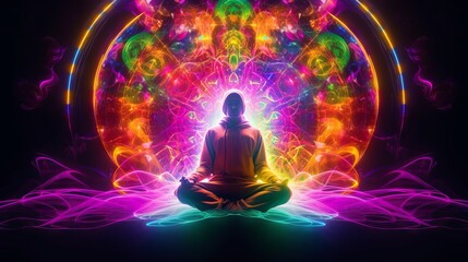 Neon silhouette in a meditation pose with radiating colored energy chakras against the background of an abstract cosmic landscape, Concept: spirituality and harmony of the inner world
