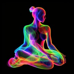 Neon silhouette in a meditation pose with radiating colored energy chakras against the background of an abstract cosmic landscape, Concept: spirituality and harmony of the inner world
