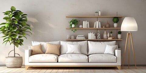 Modern living room interior with a large sofa, pillows, white shelves, and plants.