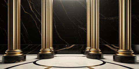 Fotobehang Luxurious illustration of modern marble columns in golden and black hues. © Sona